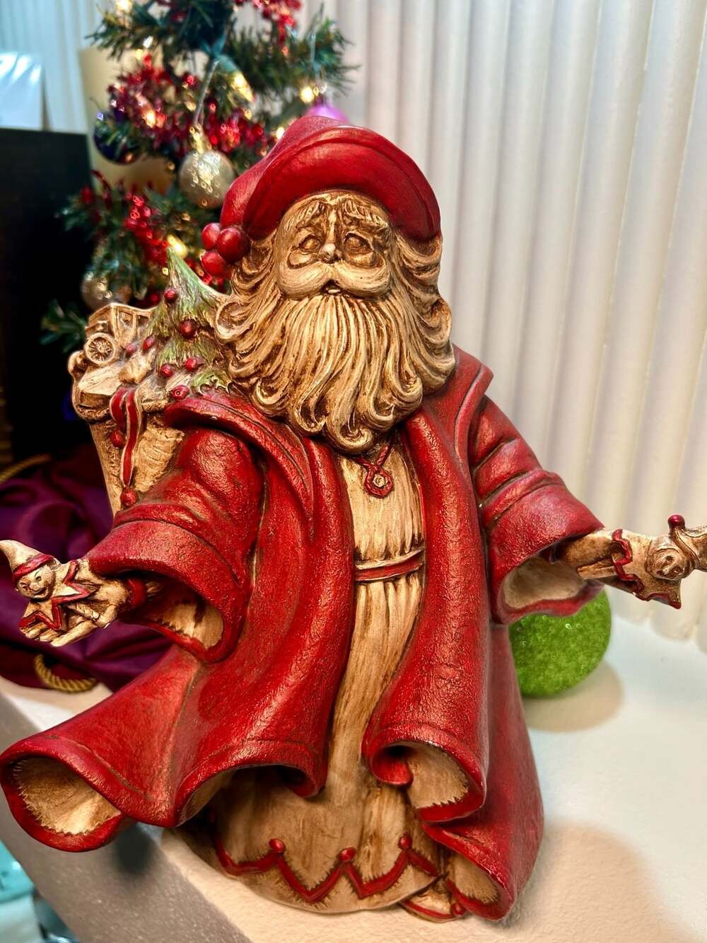 Vintage Hand-Painted Ceramic Santa Claus Figurine Red Cloak Jester Toy
